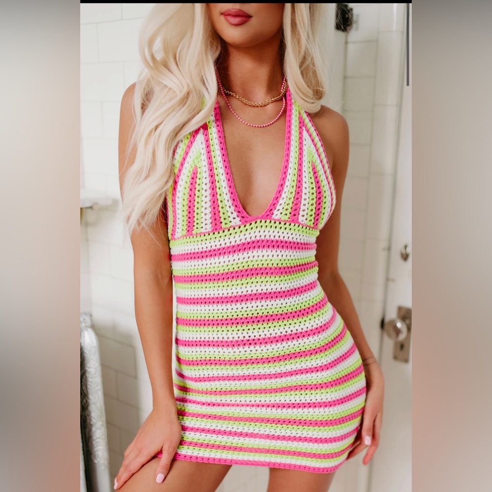 NWOT Soundtrack Of Summer Striped Crochet Halter Dress (Pink/Green)
